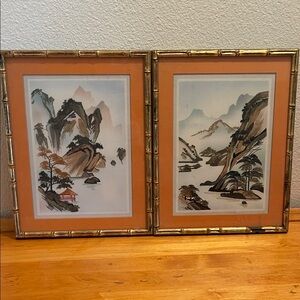 Vintage Orange and Gold Framed Asian Landscape Pair